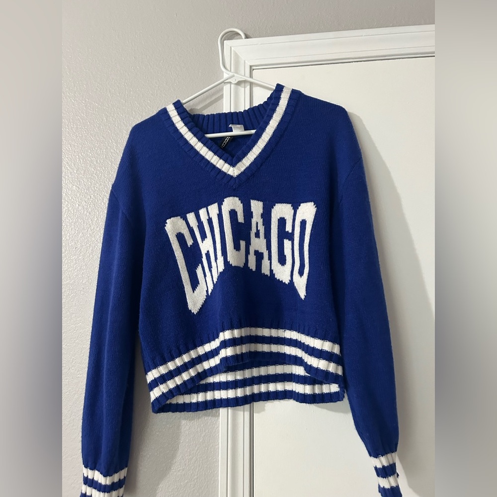 H&M Jacquard-knit sweater, blue, Chicago print
